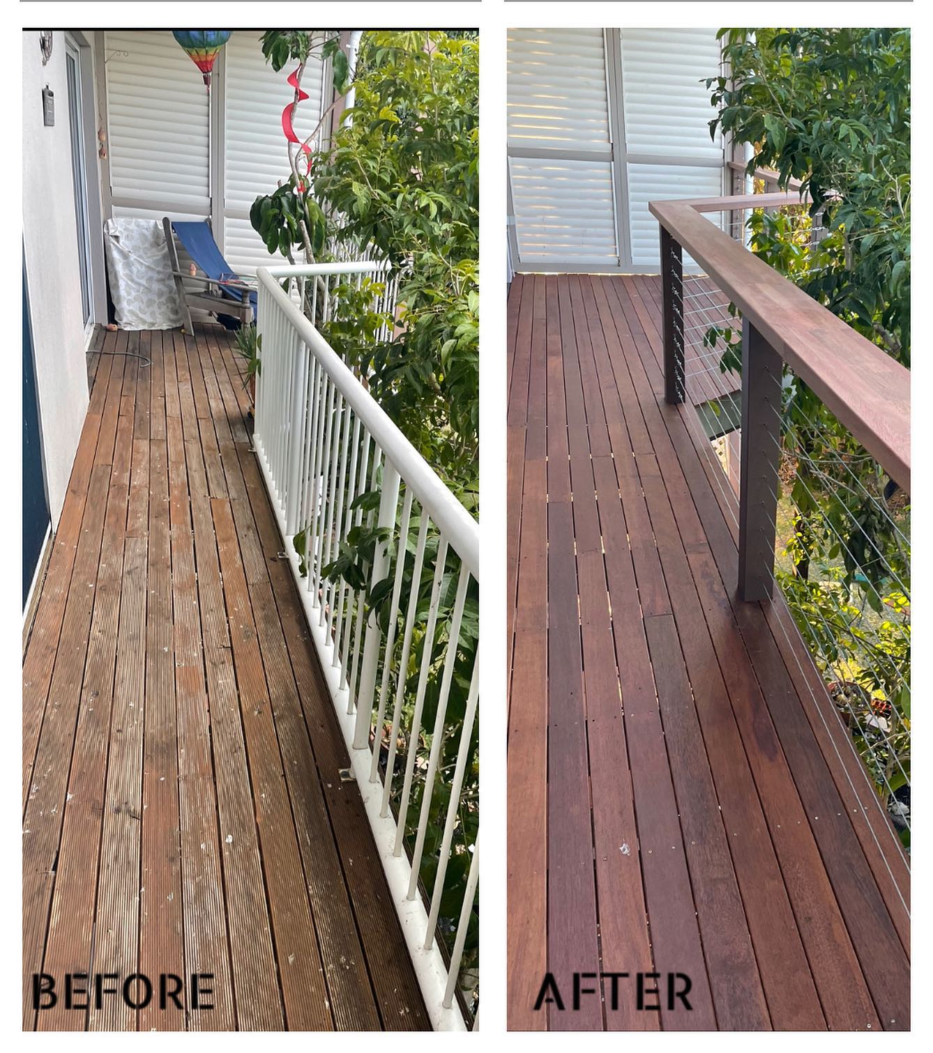 Deck Restoration: Tired hardwood decking sanded back and re-oiled, before and after.